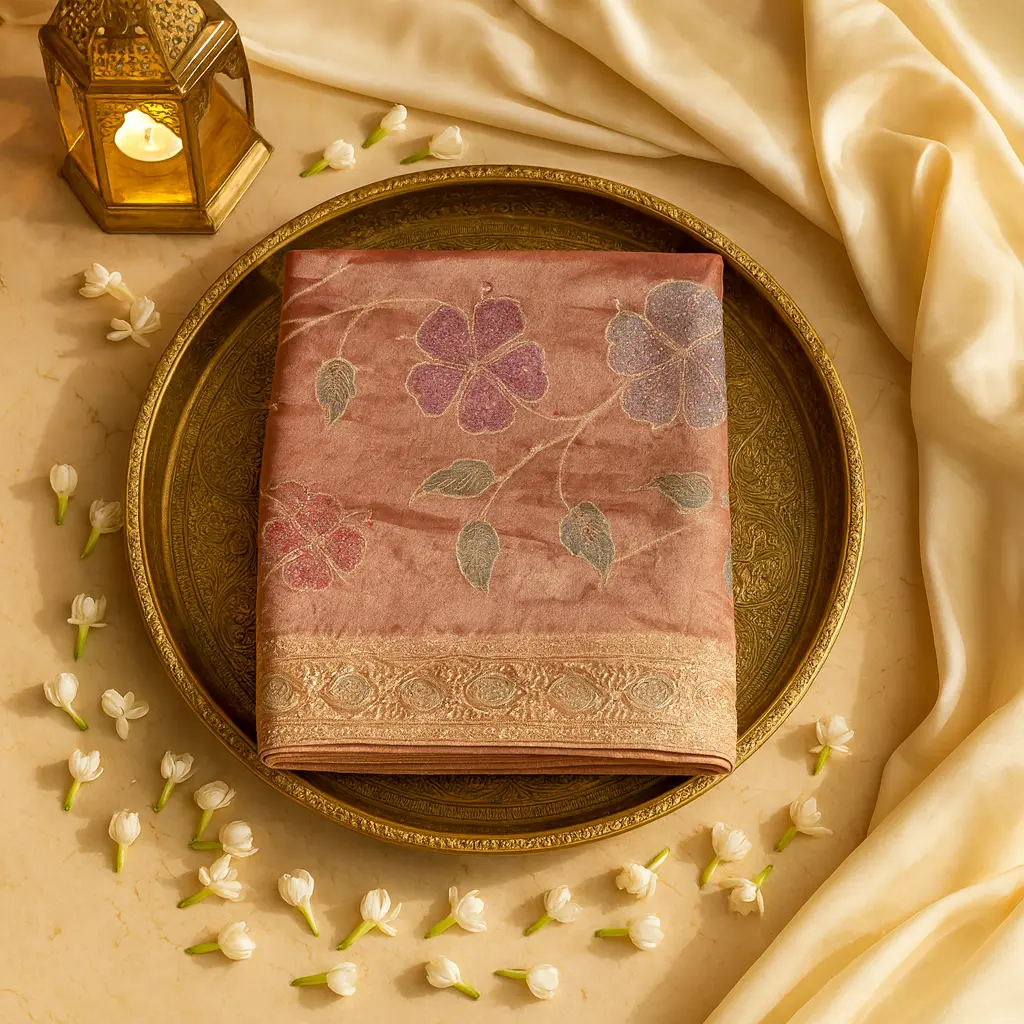Elegant Copper Peach Floral Embroidered Designer Partywear Saree 