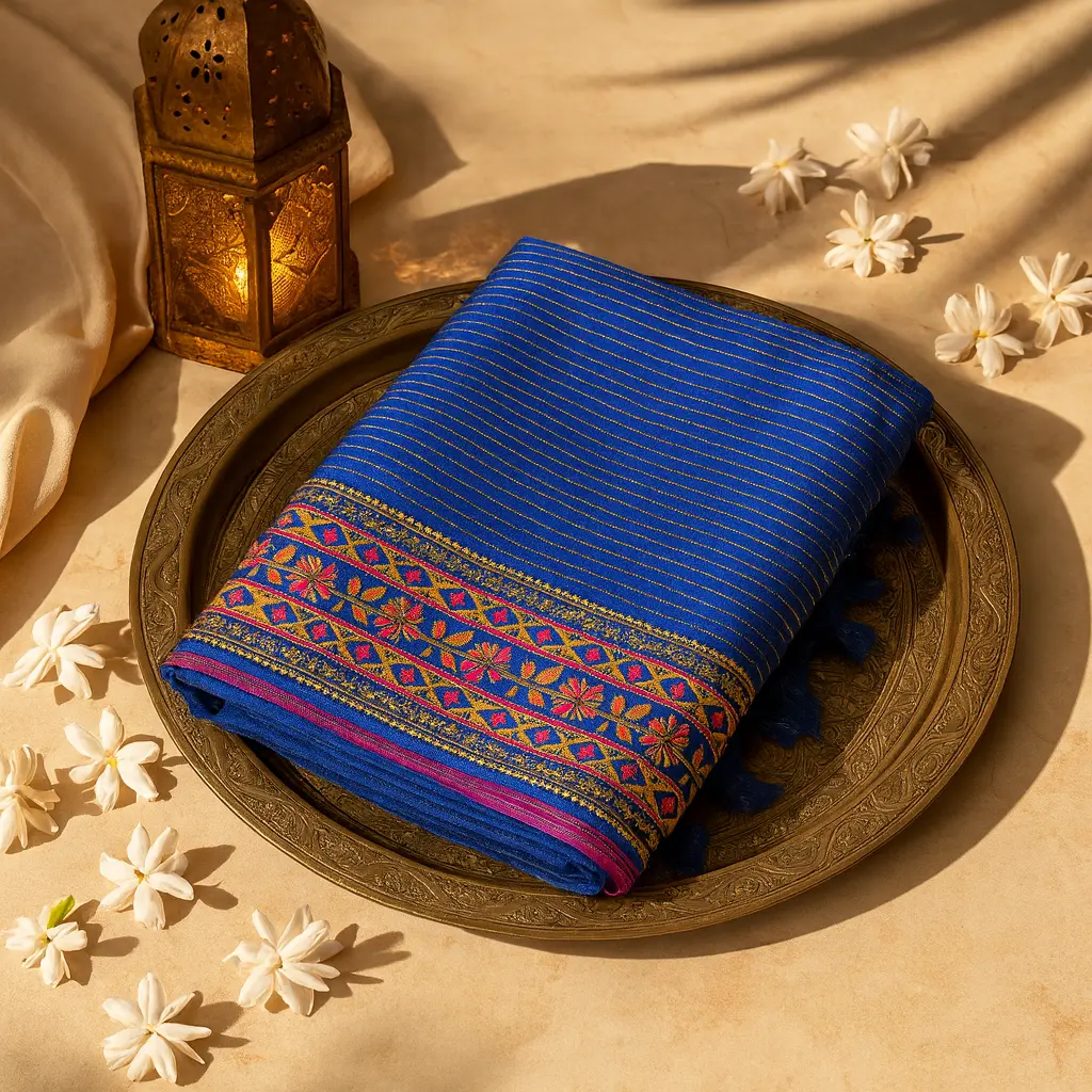 Elegant Royal Blue Silk Saree with Intricate Floral Embroidery