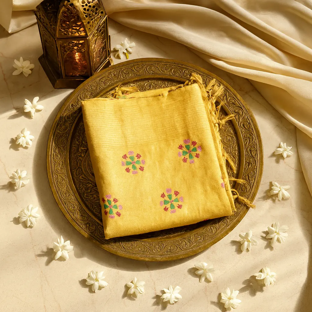 Elegant Mustard Yellow Embroidered Saree with Subtle Texture