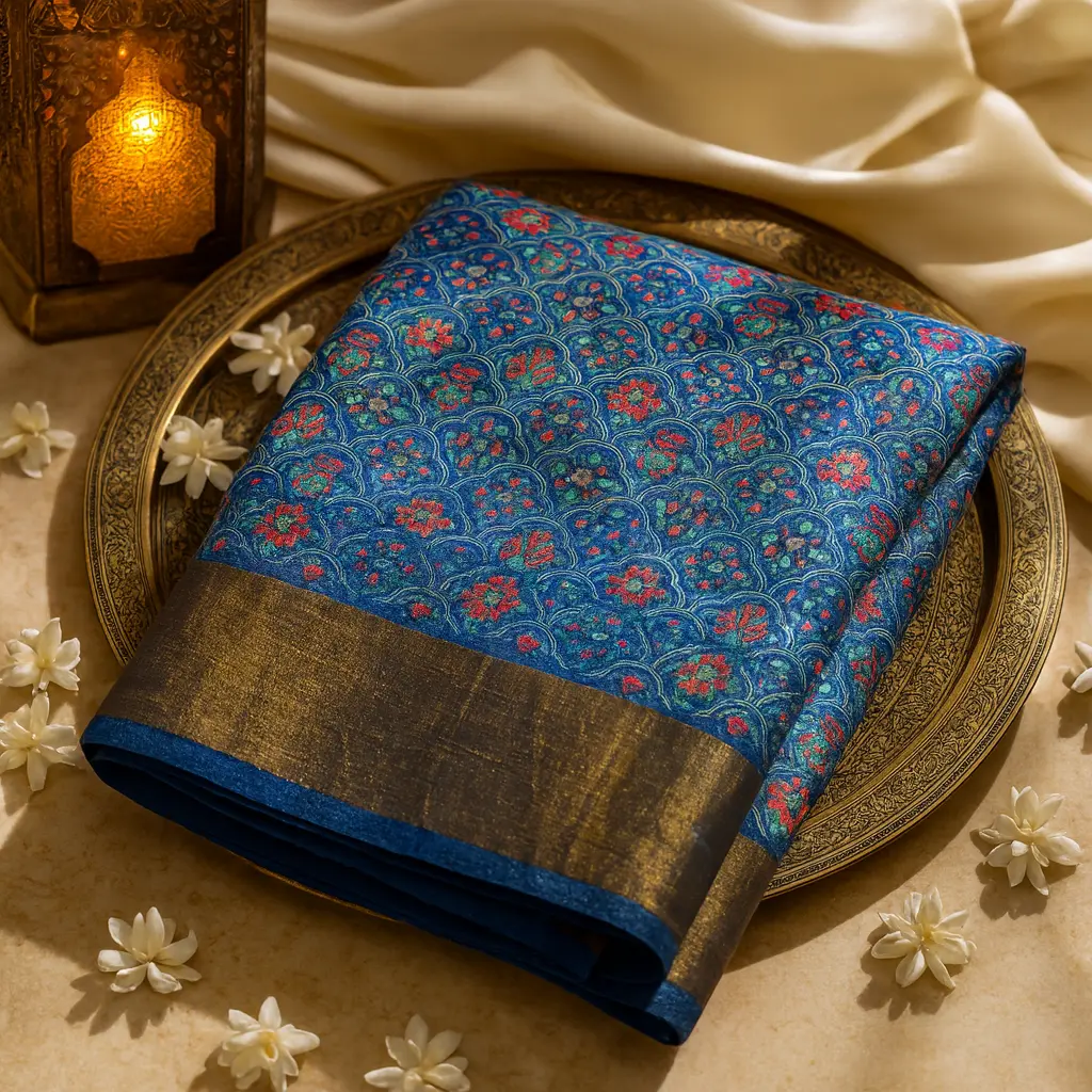 Elegant Blue Traditional Floral Print Silk Saree with Zari Border