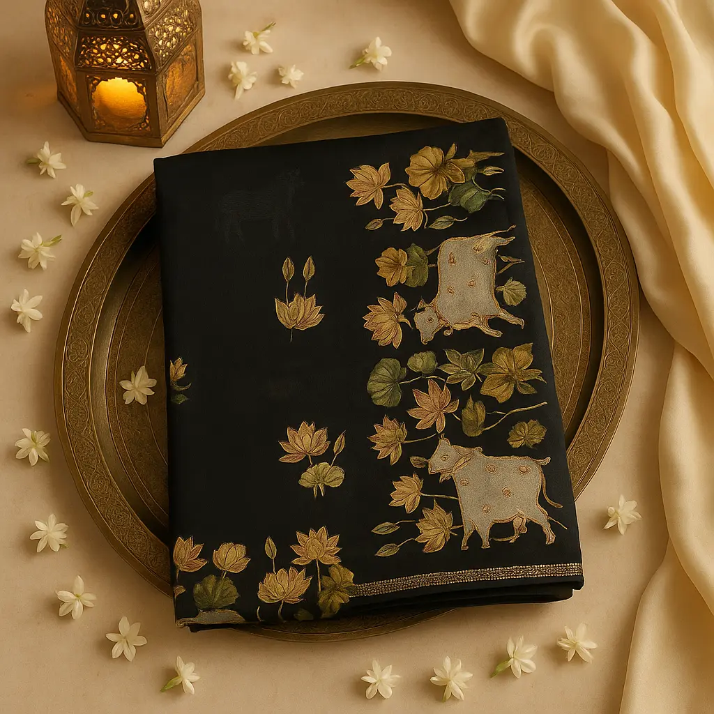 Black Handcrafted Silk Saree with Lotus and Cow Motif