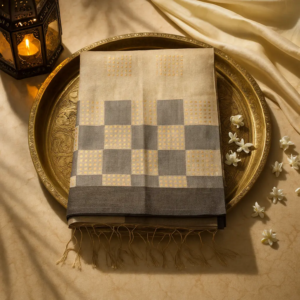 Elegant Grey and Beige Checkered Sequined Silk Saree