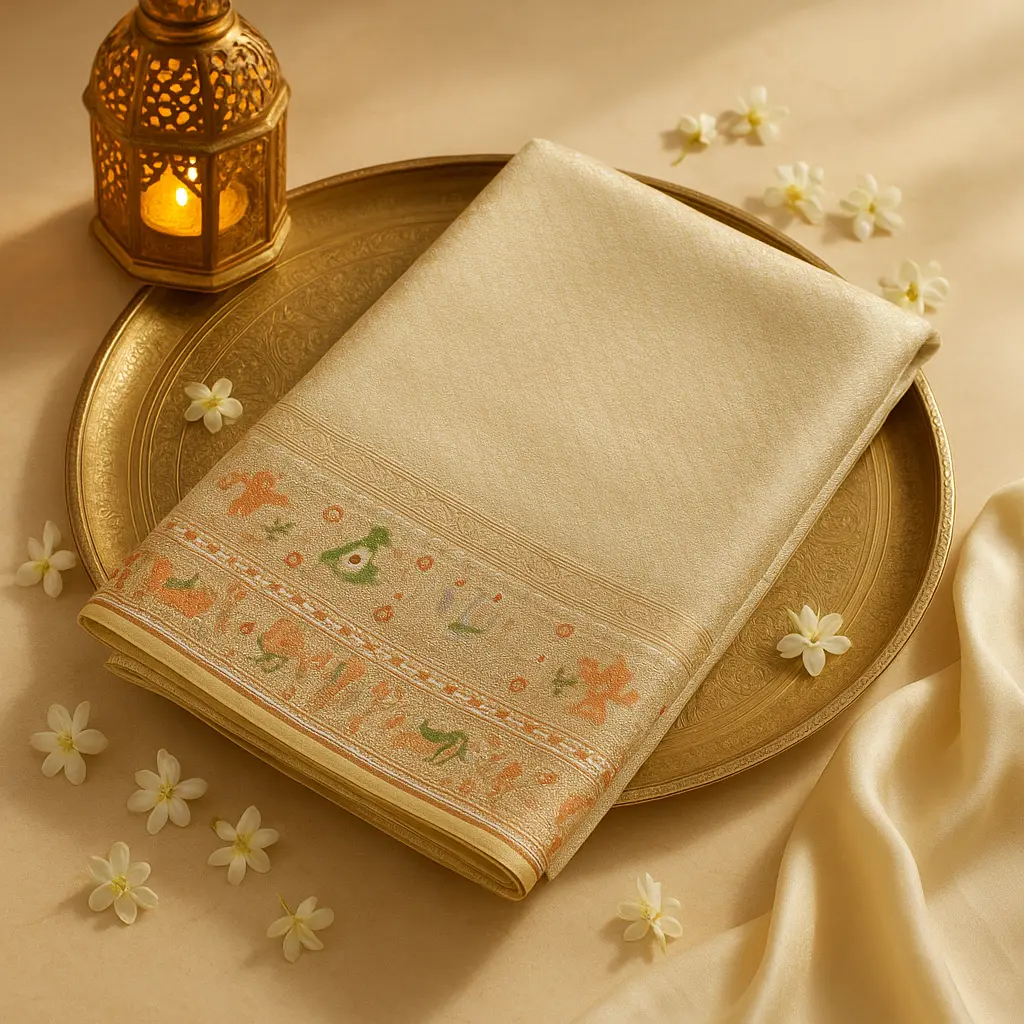 Elegant Golden Designer Saree with Traditional Motif Border