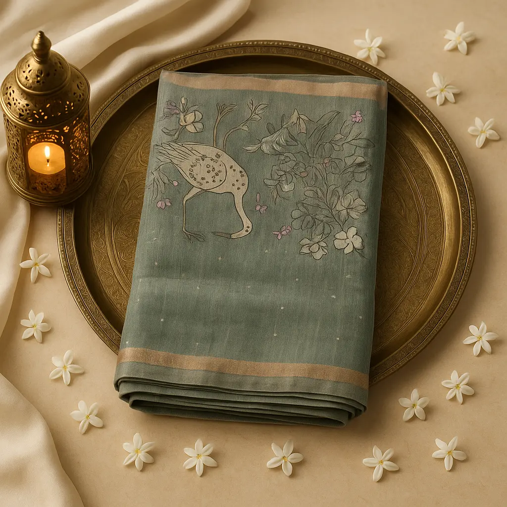 Elegant Sage Green Crane Motif Organza Silk Designer Saree