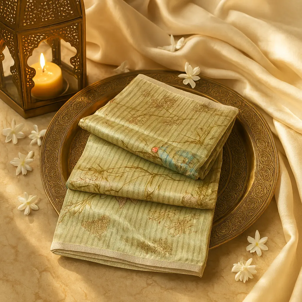 Elegant Sage Green Floral Pattern Saree with Metallic Stripes