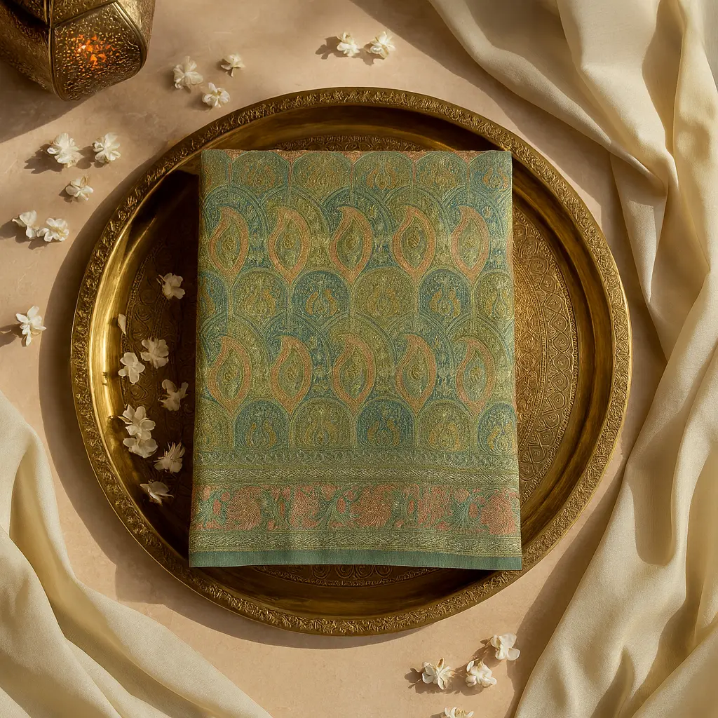 Elegant Sage Green Floral Paisley Weave Banarasi Silk Saree 