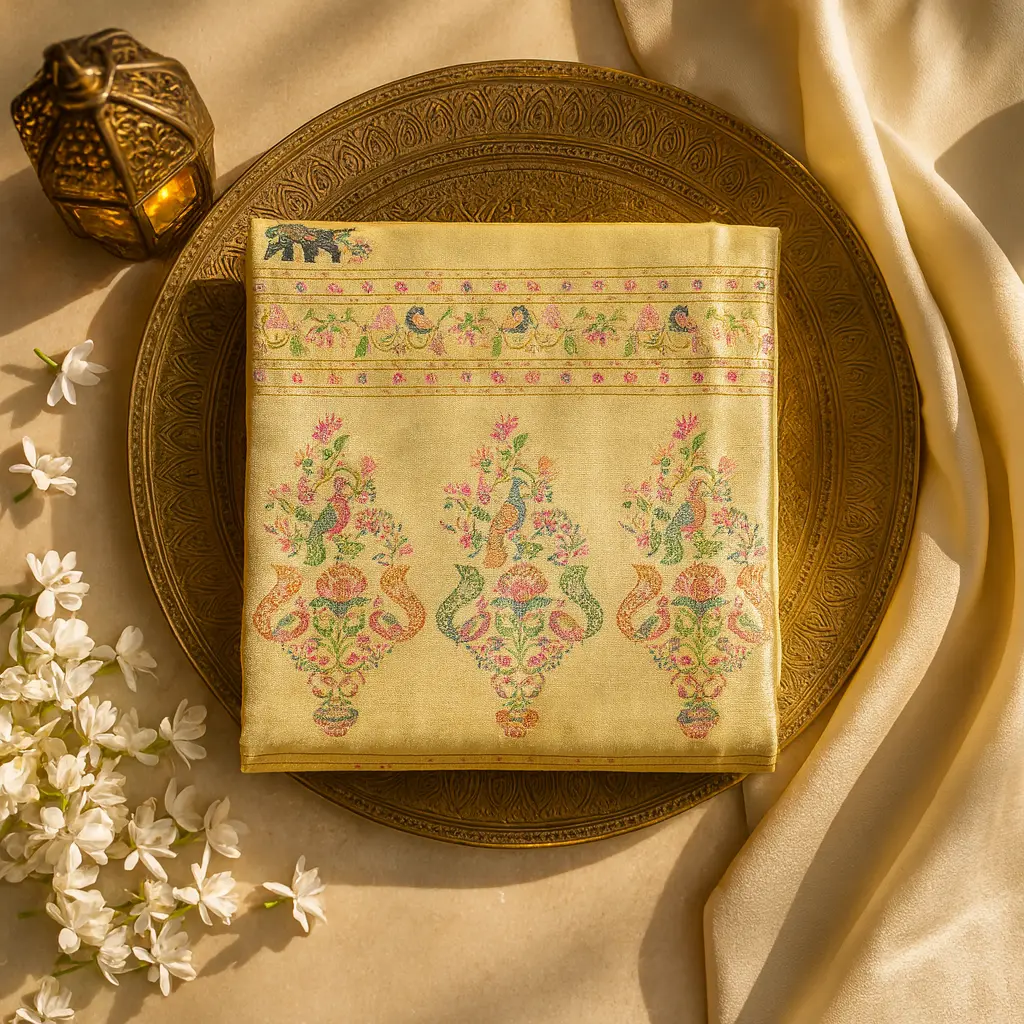 Elegant Golden Silk Saree with Vibrant Multi-Colored Intricate Embroidery 