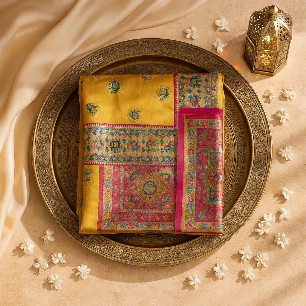 Mustard Yellow Silk Saree with Traditional Elephant and Peacock Motifs 