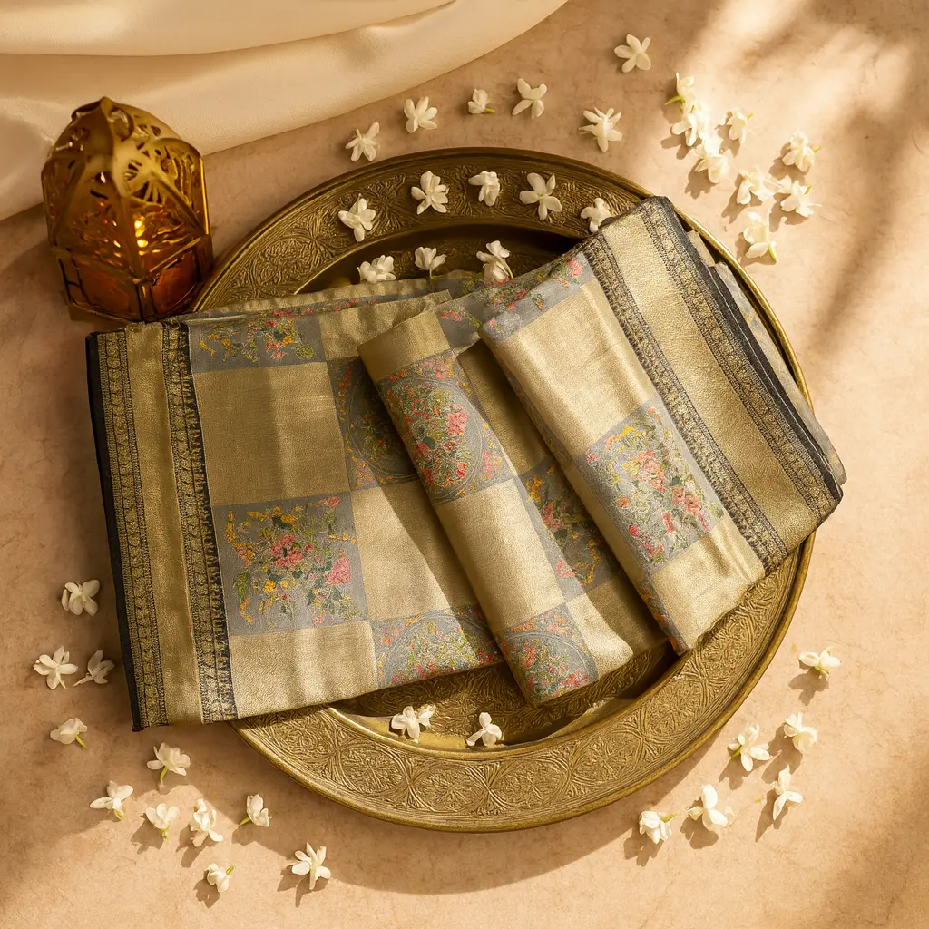 Elegant Grey and Gold Floral Brocade Silk Blend Saree