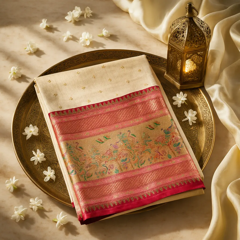 Elegant Cream and Magenta Floral Woven Zari Silk Saree