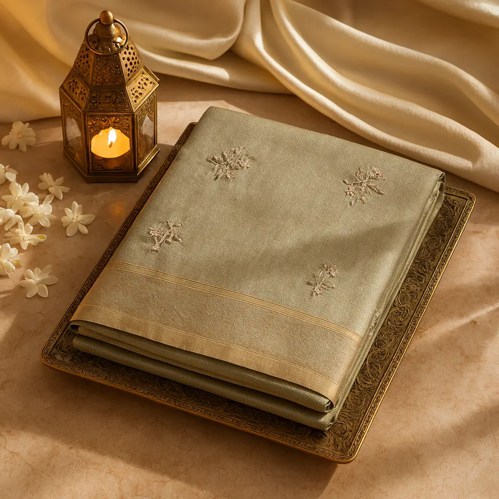 Elegant Light Gold Tissue Saree with Floral Embroidery