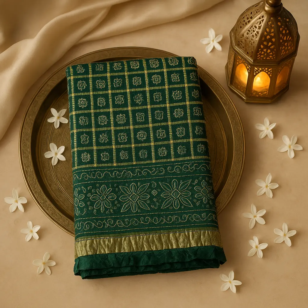 Emerald Green Gaji Silk Bandhani Saree with Zari Checkers