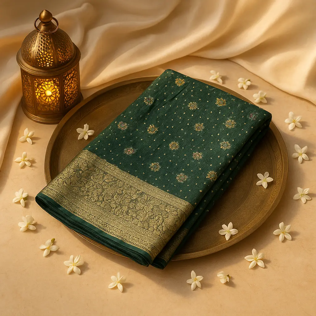 Olive Green Raw Silk Bandhani Saree with Zari Border
