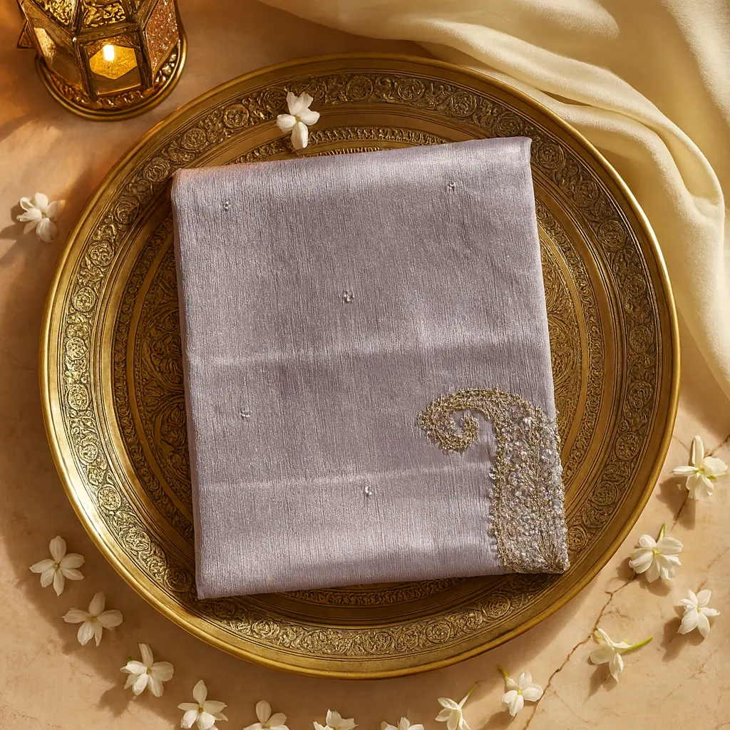 Champagne Gold Tissue Organza Saree with Sequin Paisley Embroidery