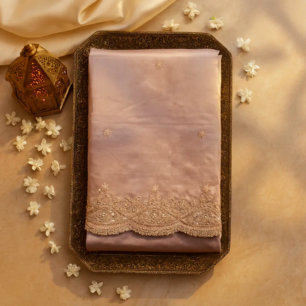 Elegant Peach Embellished Organza Saree with Scalloped Border