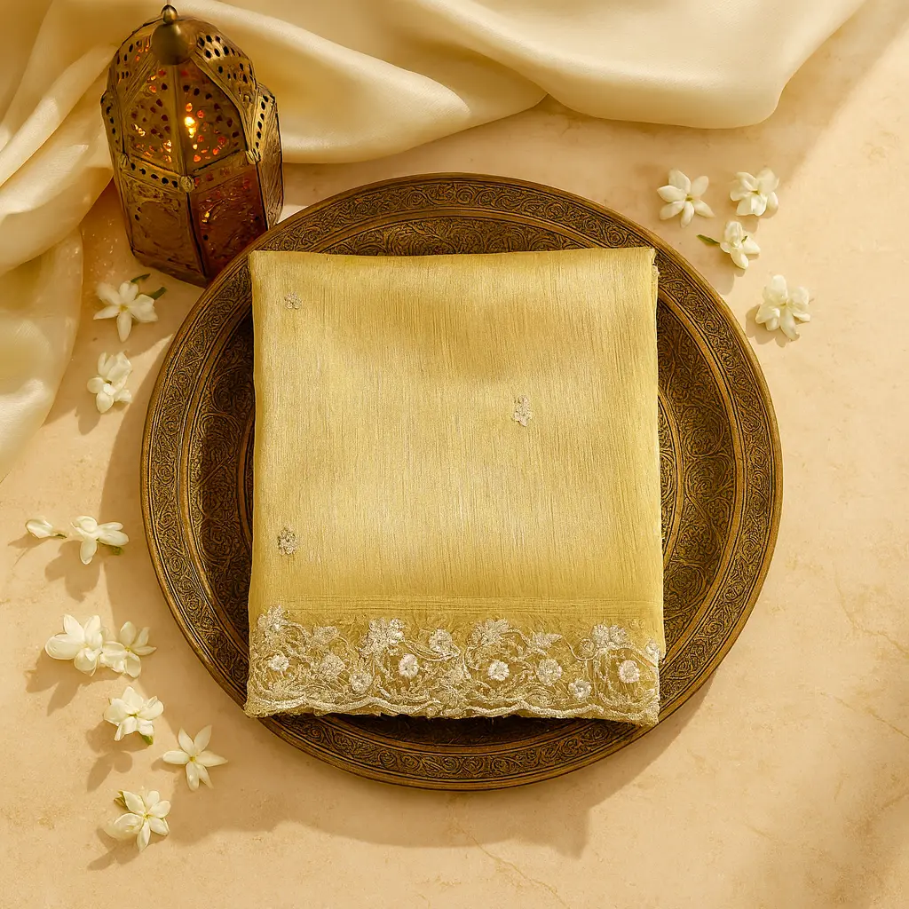 Metallic Gold Shimmer Tissue Saree with Scalloped Floral Border