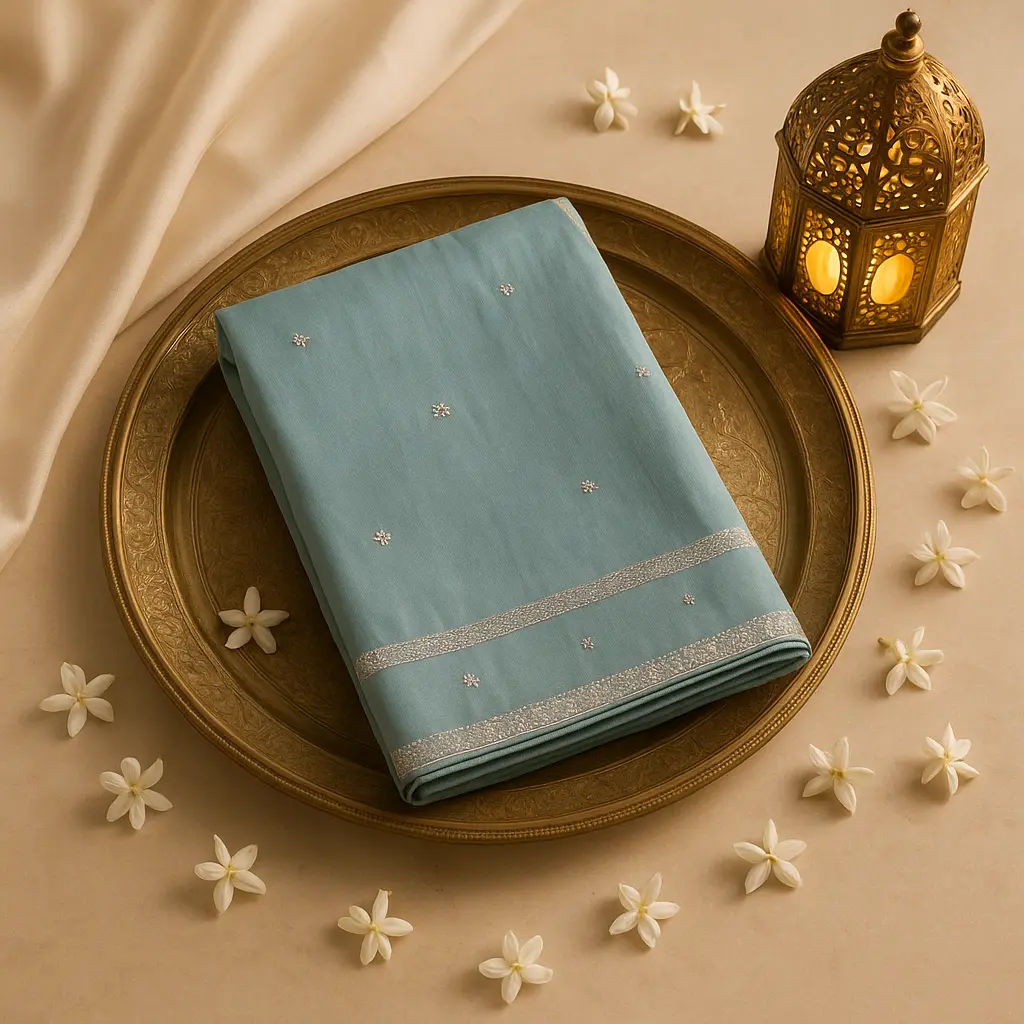 Elegant Sage Green Designer Saree With Intricate Mirror Embellishments