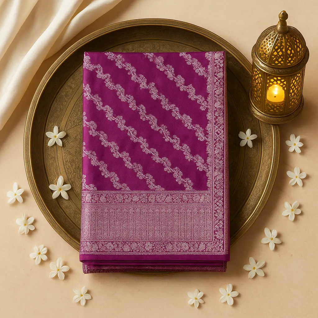 Elegant Magenta Silk Saree with Traditional Silver Zari Border