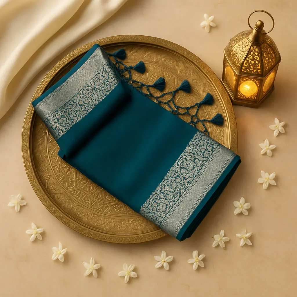 Elegant Teal Green Silk Blend Saree with Silver Zari Border