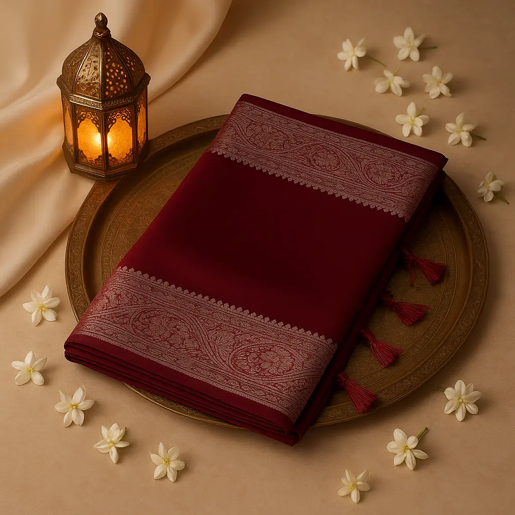 Maroon Banarasi Saree With Silver Zari Border