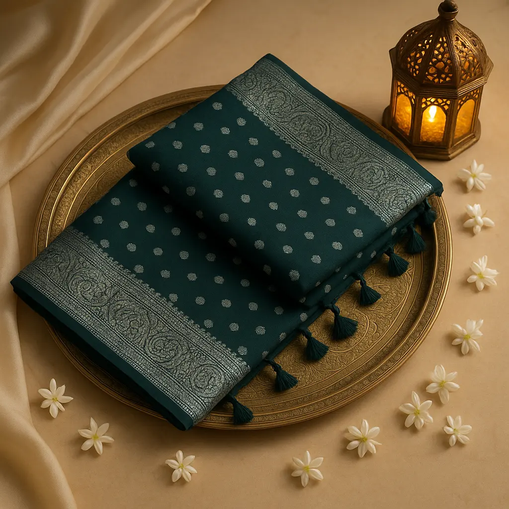 Bottle Green Banarasi Georgette Saree with Silver Zari Border