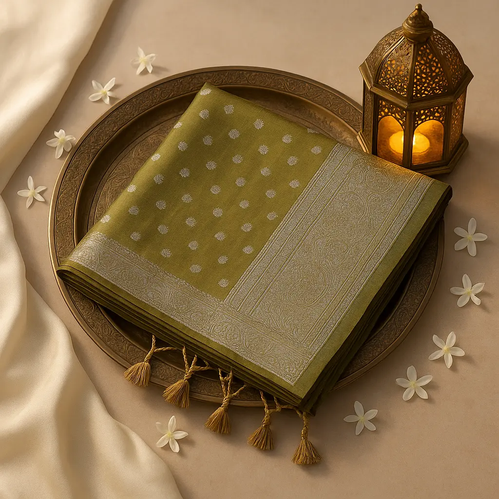 Olive Green Silk Blend Saree with Rich Silver Zari Border