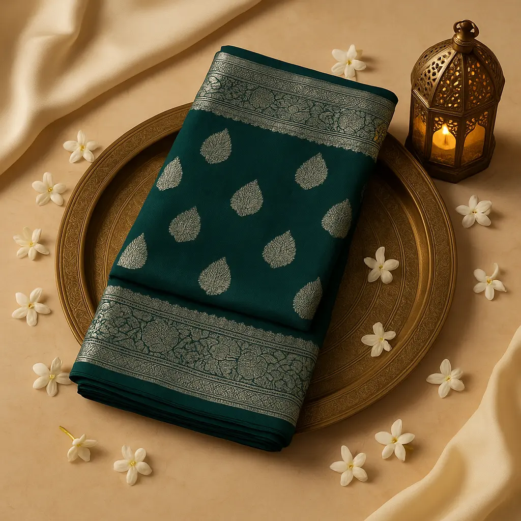 Elegant Bottle Green Banarasi Silk Saree with Zari Border 