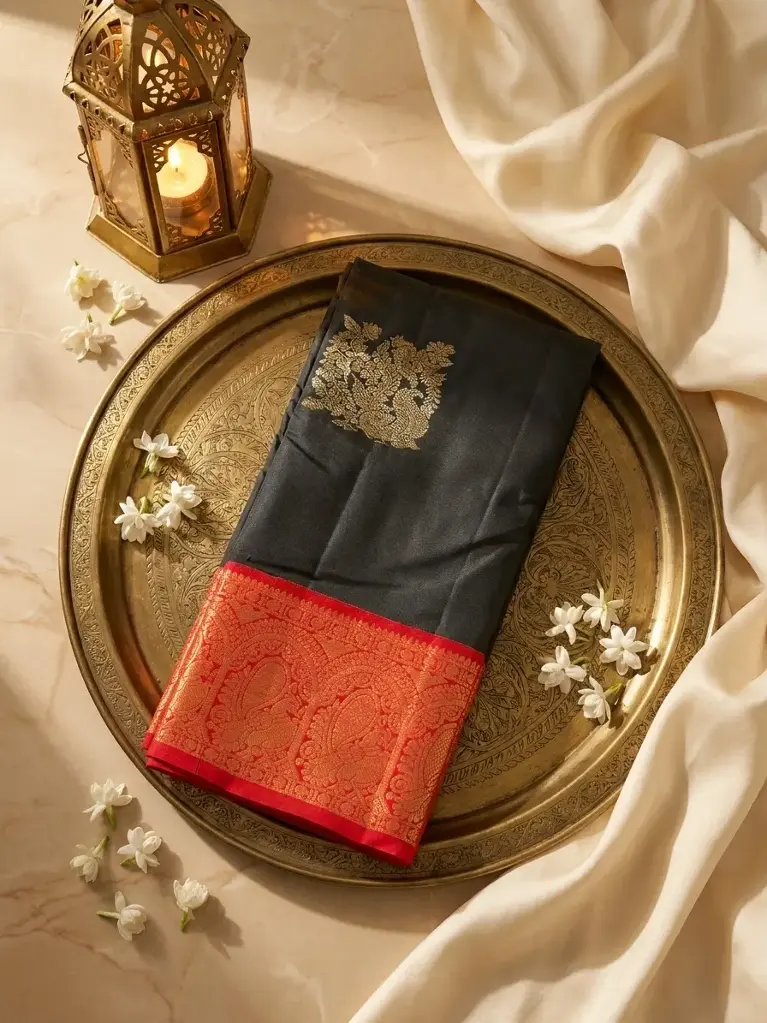 Black Pure Kanchipuram Silk Saree with Red Zari Border