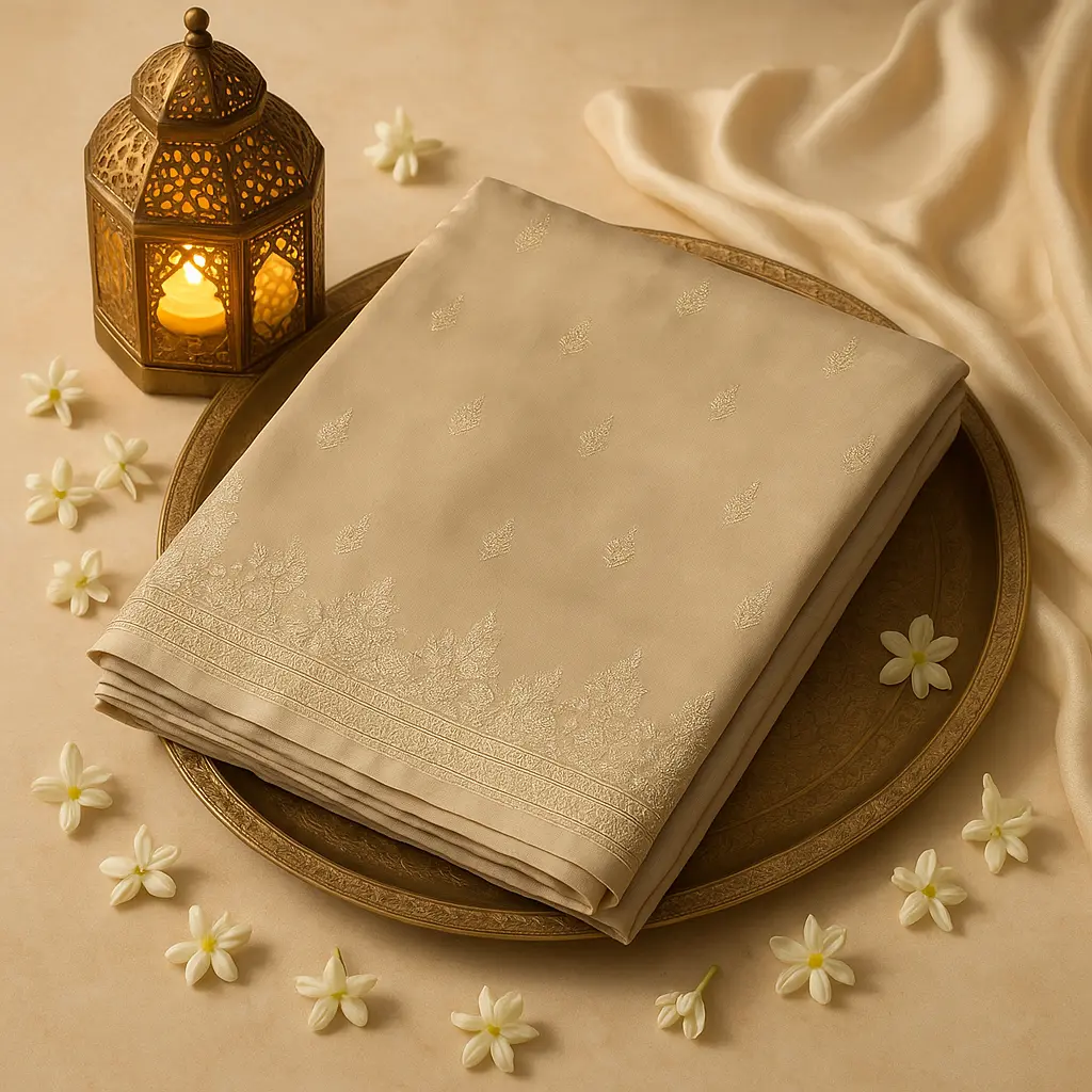 Elegant Beige Silk Saree with Intricate Silver Zari Embroidery