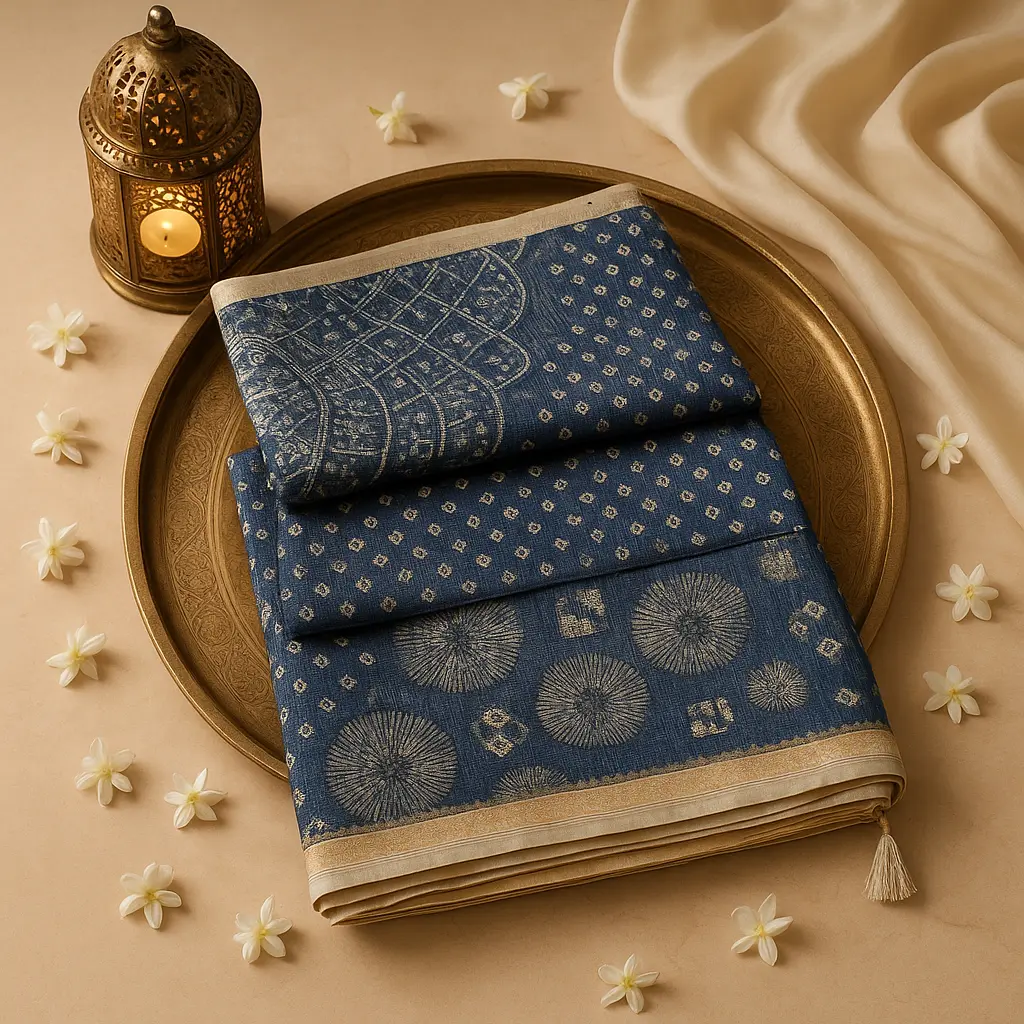 Elegant Indigo Blue Geometric Print Saree with Zari Border