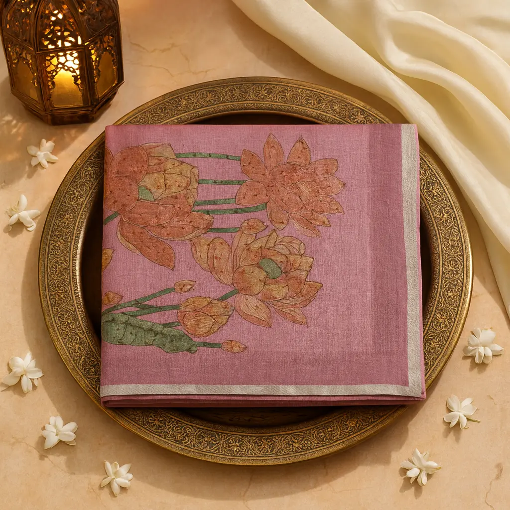 Elegant Pink Lotus Motif Embroidered Cotton Silk Saree