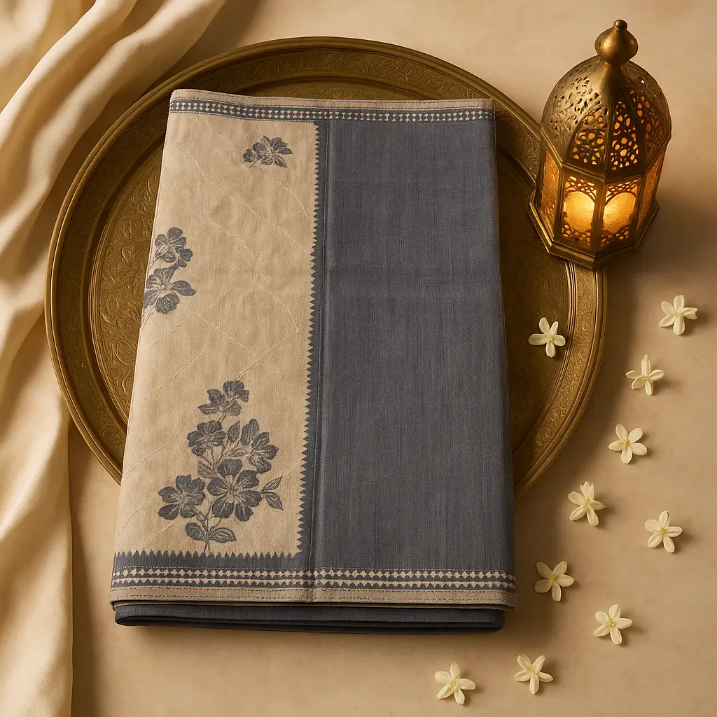 Elegant Beige and Grey Floral Embroidered Designer Saree