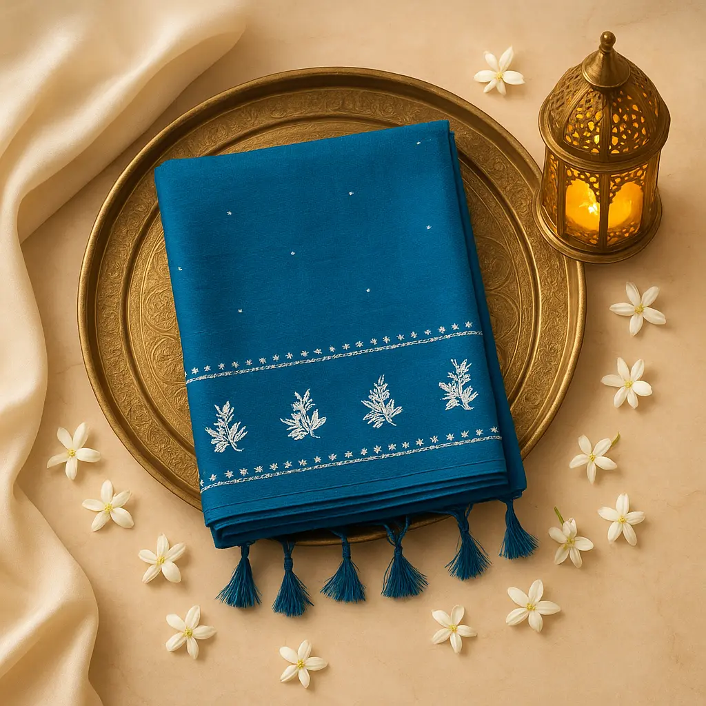 Teal Blue Designer Saree with Silver Work