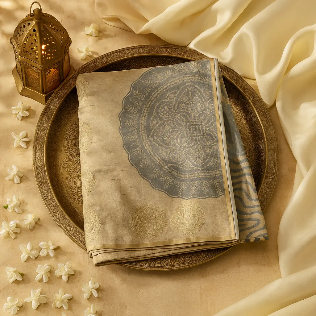 Elegant Beige Woven Saree with Grey Wave and Bandhani Print