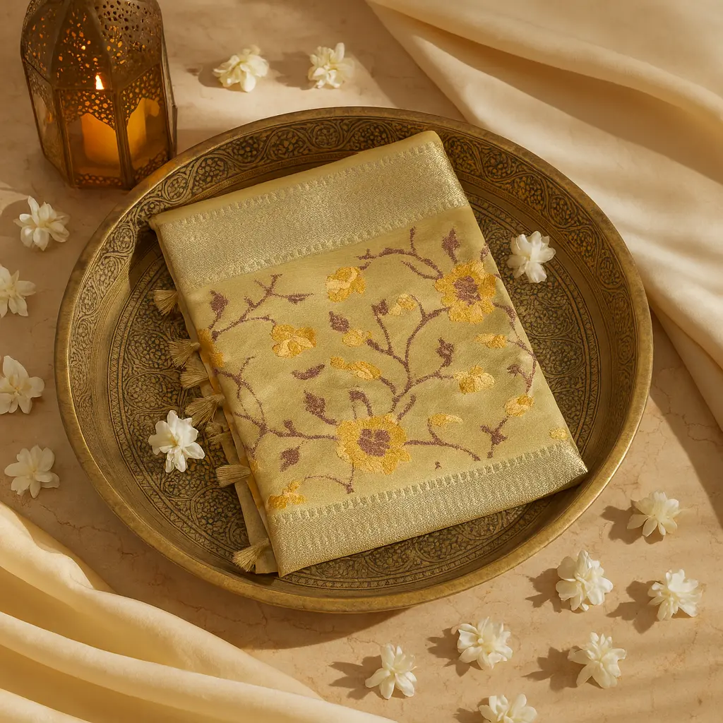 Elegant Golden Floral Motif Silk Saree with Zari Border