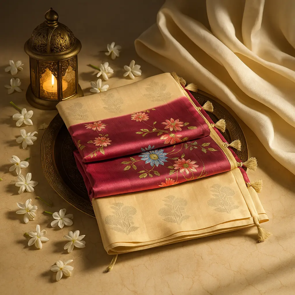 Elegant Magenta Floral Printed Saree with Cream Zari Border 