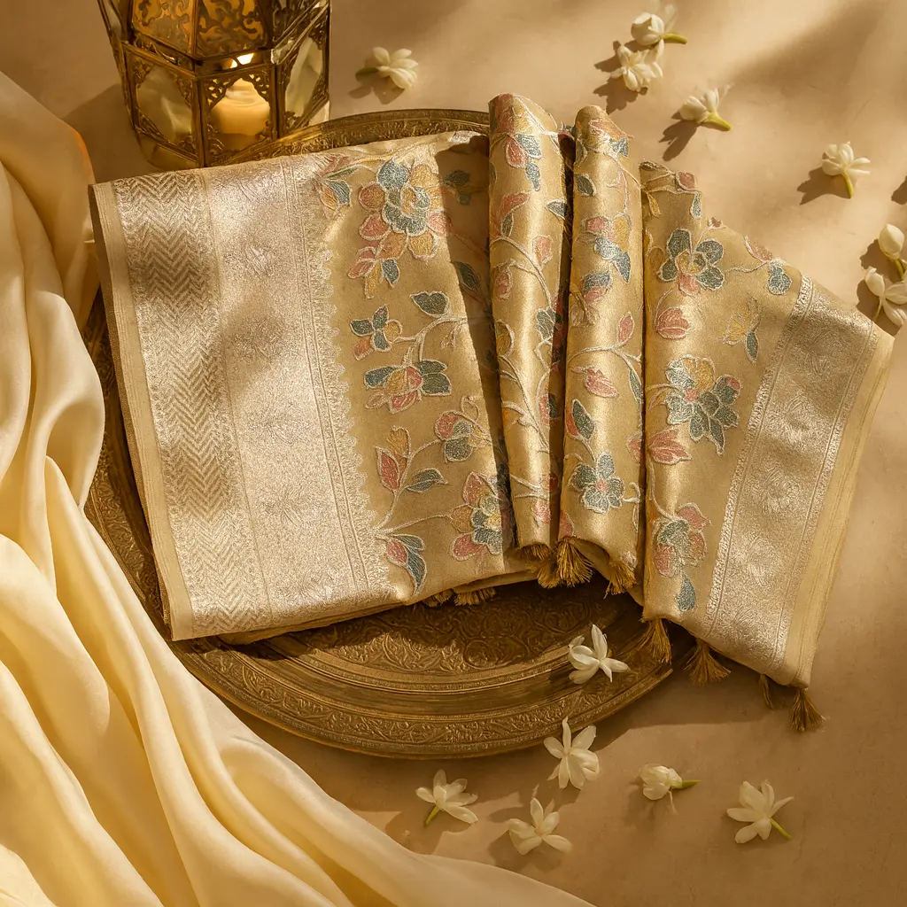 Elegant Gold Floral Embroidered Tissue Saree with Zari Border