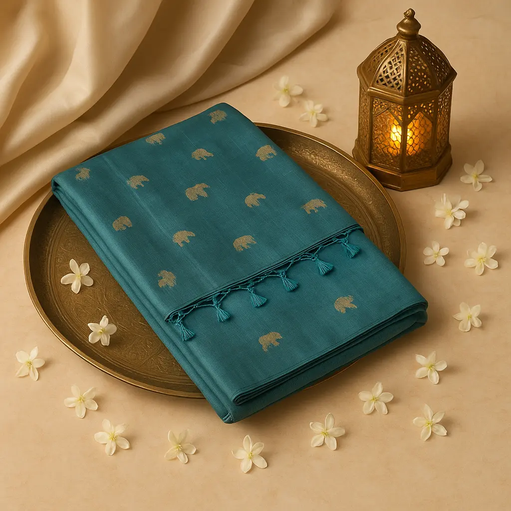 Elegant Teal Blue Silk Saree with Gold Animal Motif