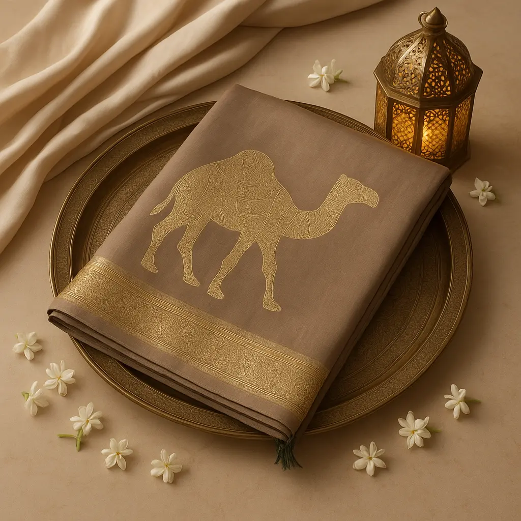 Elegant Champagne Gold Designer Saree with Intricate Camel Motif
