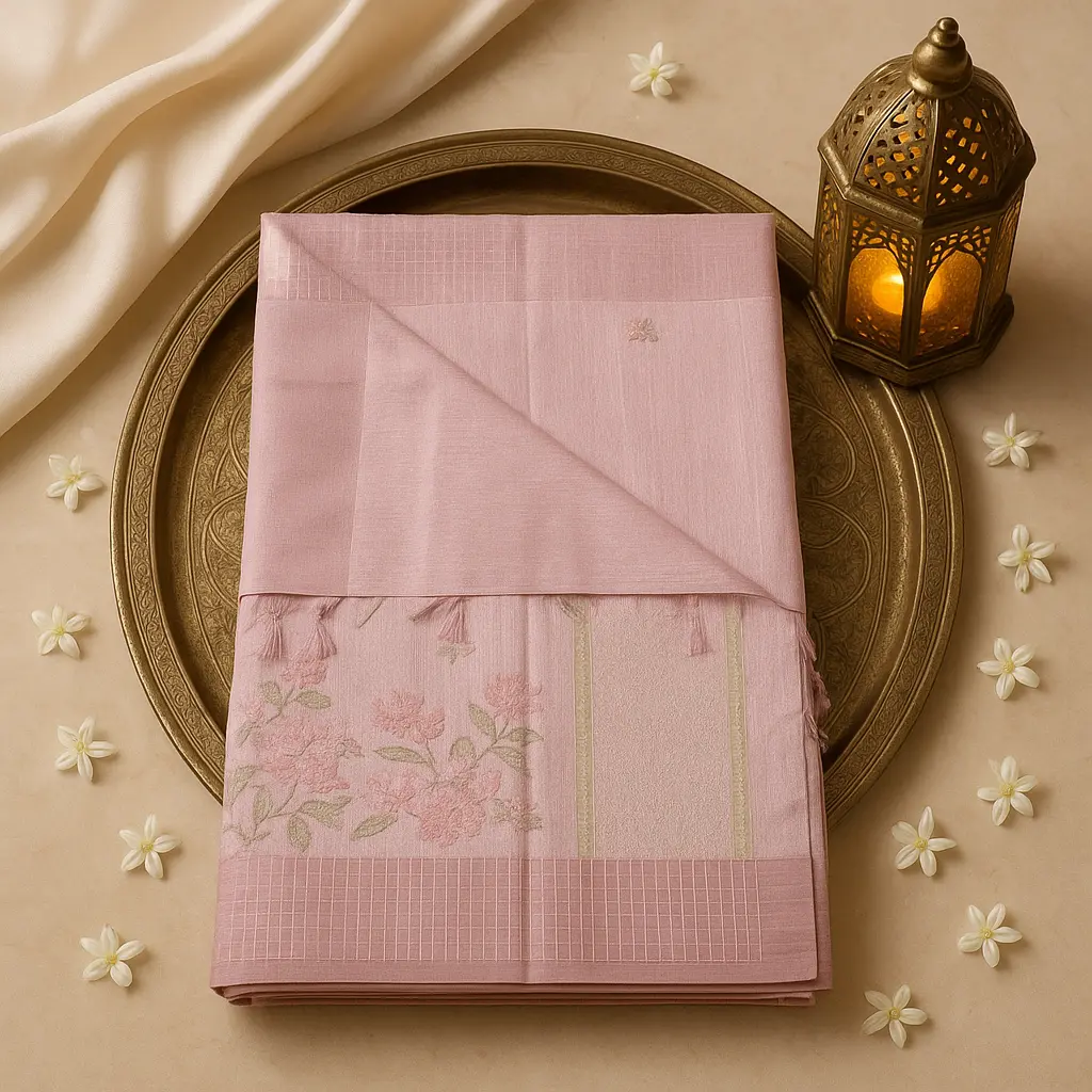 Elegant Dusty Pink Floral Embroidered Linen Designer Saree