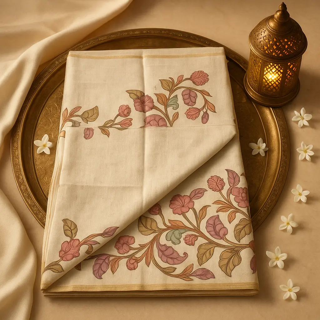 Elegant Off-White Floral Printed Linen Saree with Zari Border