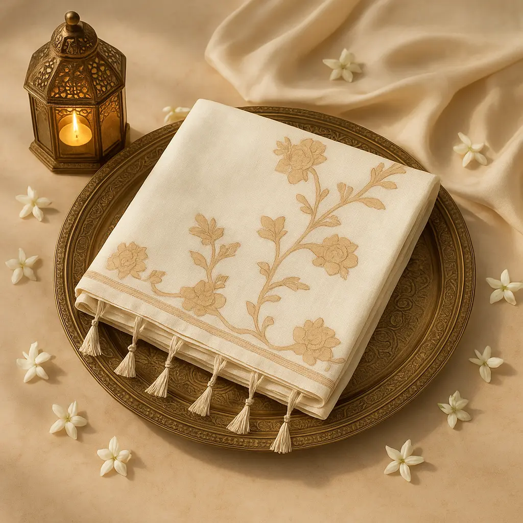 Elegant Beige and Bronze Floral Embroidered Tissue Designer Saree 