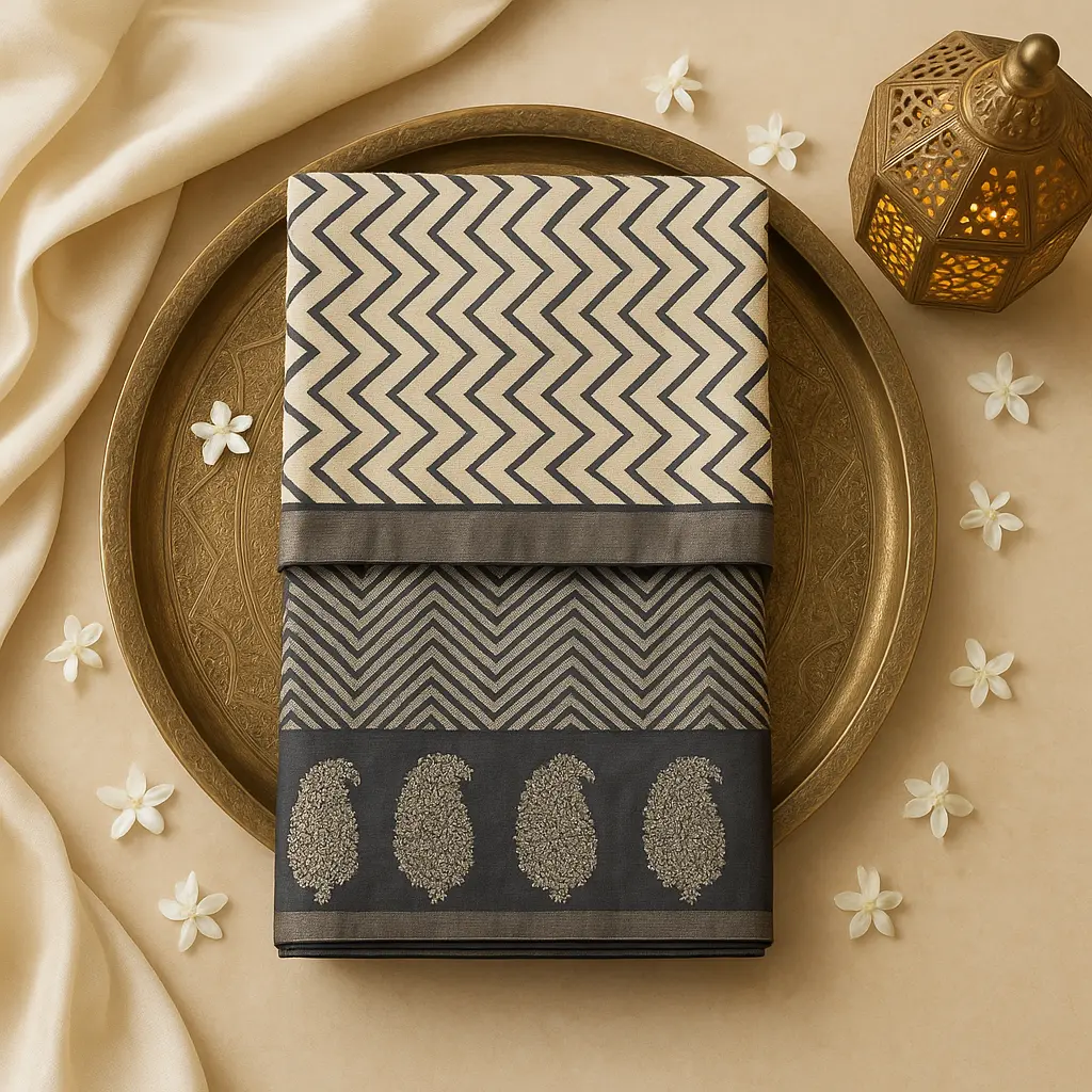 Chic Monochrome Chevron Saree with Intricate Paisley Zari Border
