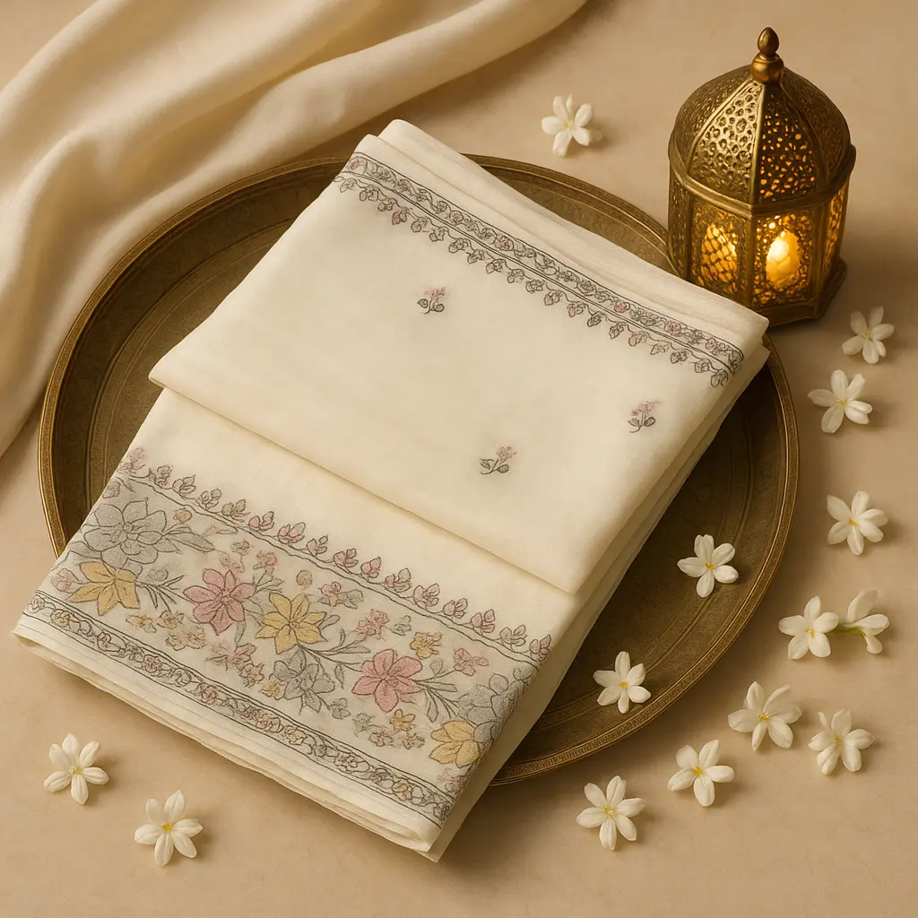 Elegant Off-White Floral Embroidered Designer Organza Saree