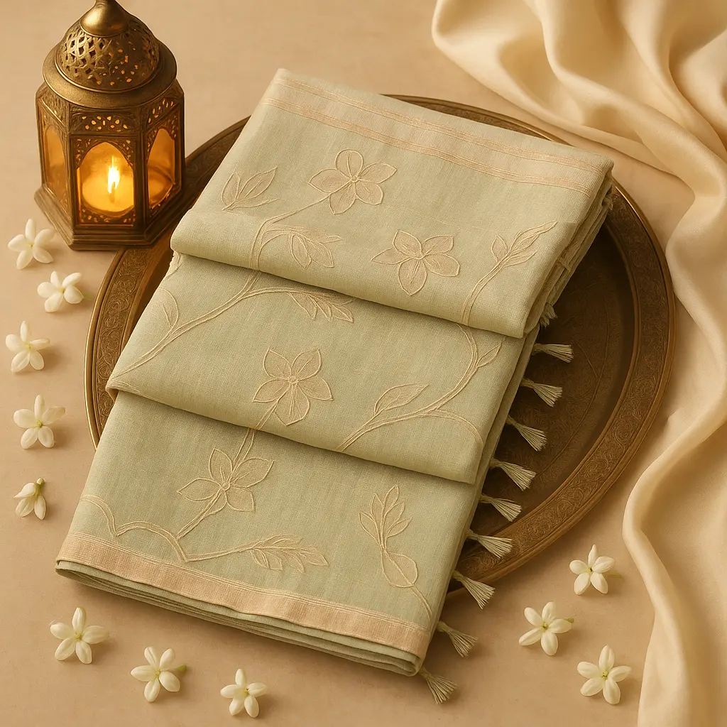 Elegant Sage Green Embroidered Designer Saree with Tassels