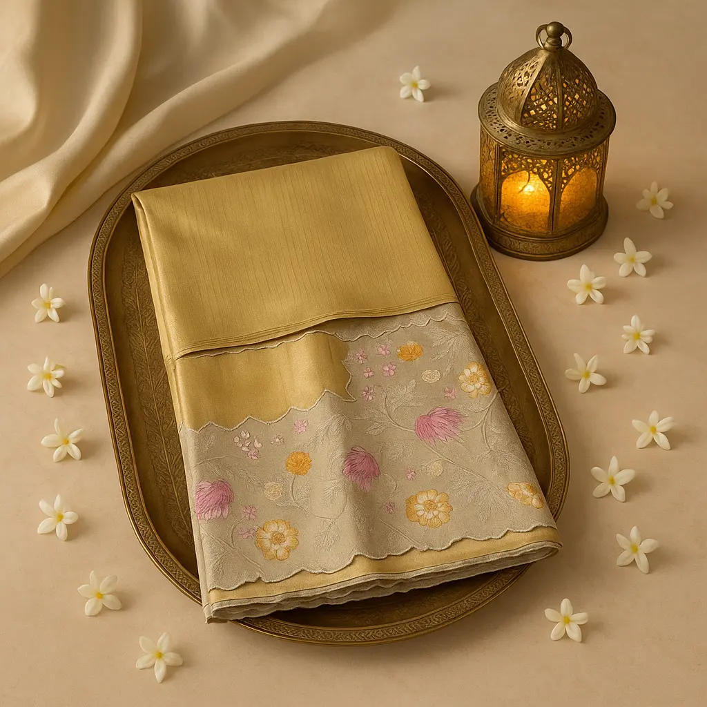 Elegant Golden Shimmer Saree with Scalloped Floral Embroidery Border