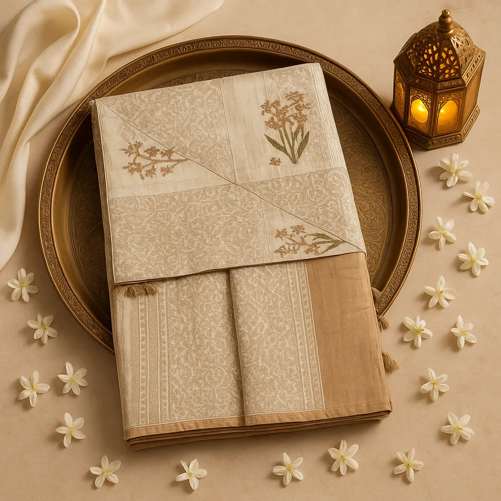 Elegant Beige Silk Saree with Floral Patterns and Zari Border 
