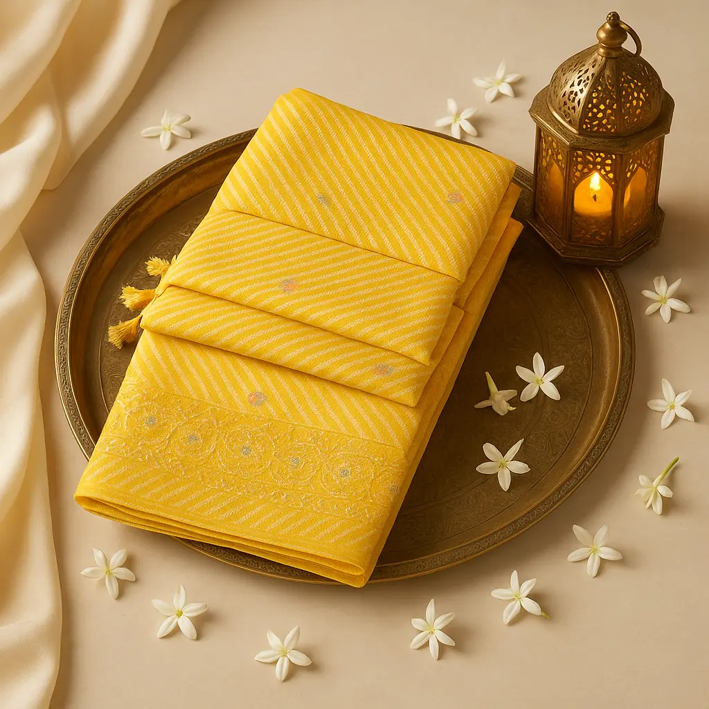 Elegant Mustard Yellow Tissue Silk Zari Border Festive Saree