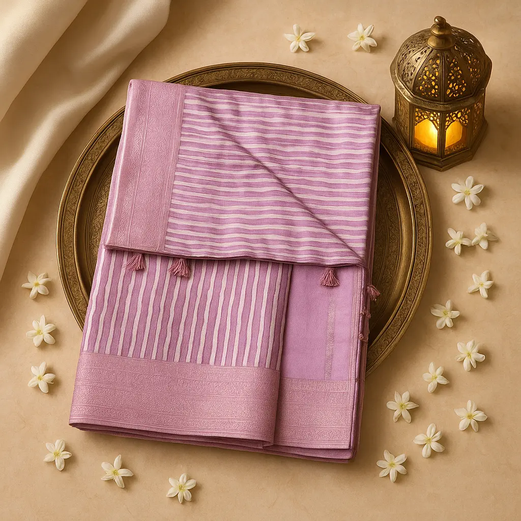 Elegant Lavender Striped Saree with Traditional Zari Border