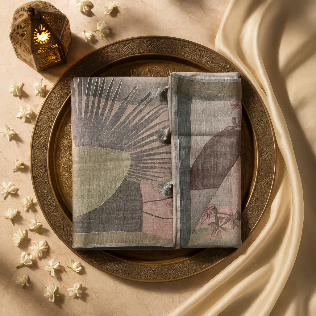 Elegant Grey Abstract Print Cotton Saree with Tassel Details